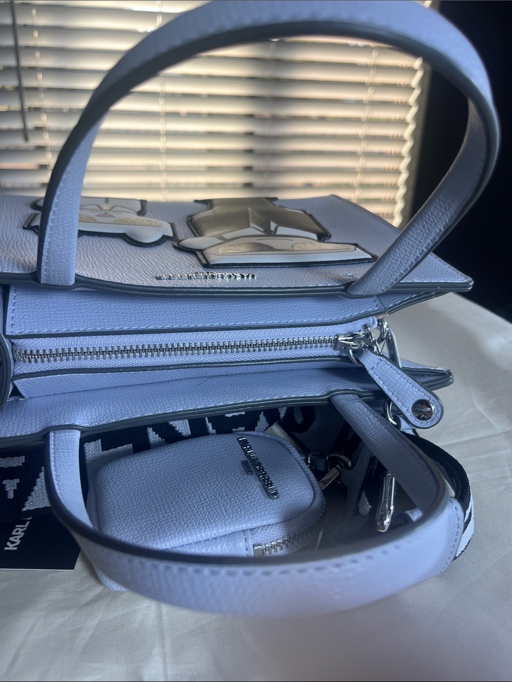 Karl Lagerfeld Light Blie Tote with Black & White Cartoon Appliqués - NWOT - Picture 6 of 7